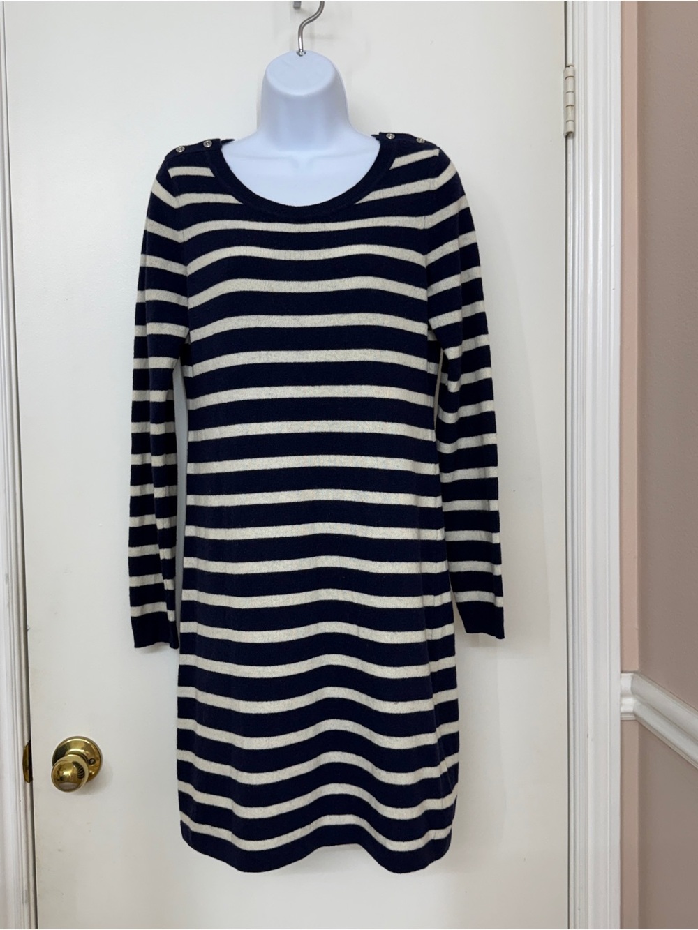 Banana Republic Wool Cashmere Sweater Dress Striped Navy White Italian Fabric S